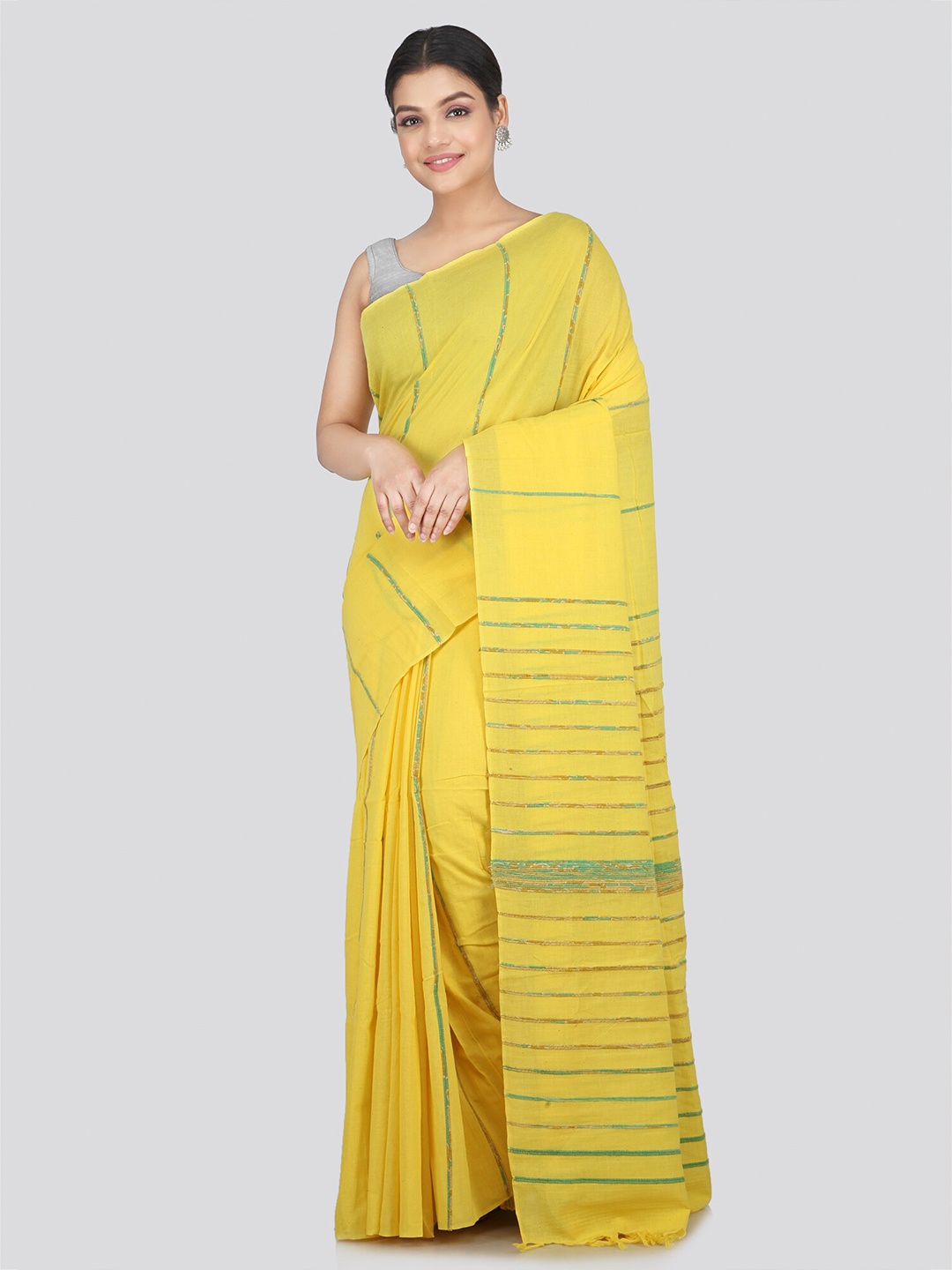 

PinkLoom Striped Pure Cotton Saree, Yellow