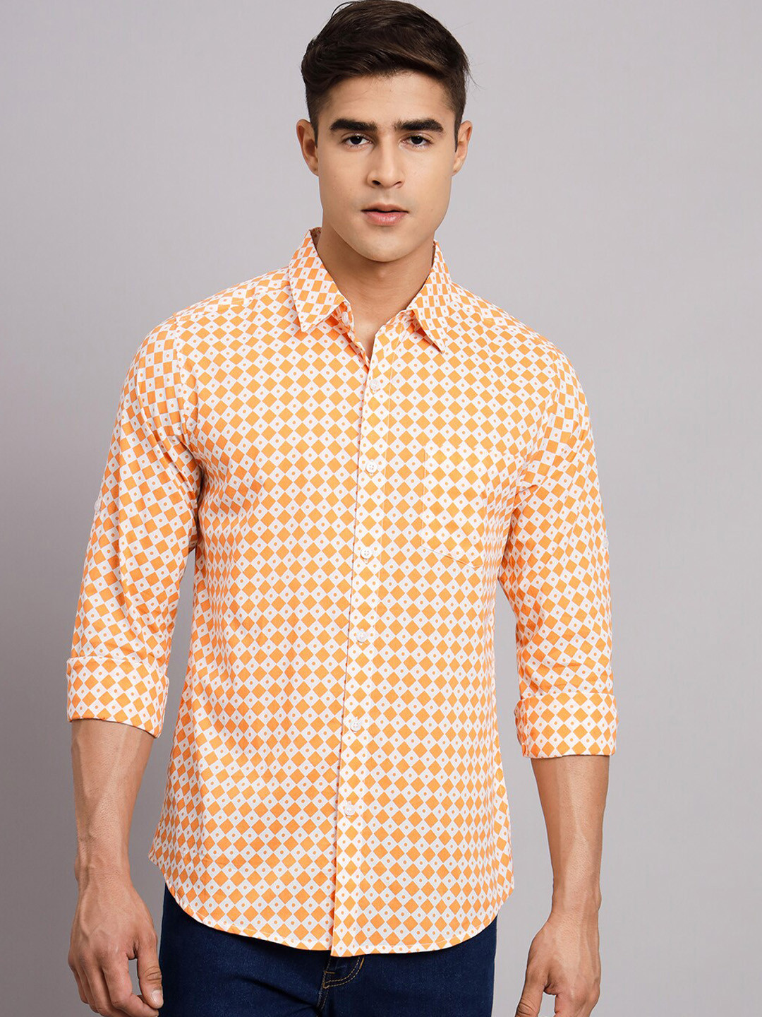 

Sutidora Comfort Geometric Printed Casual Pure Cotton Shirt, Orange