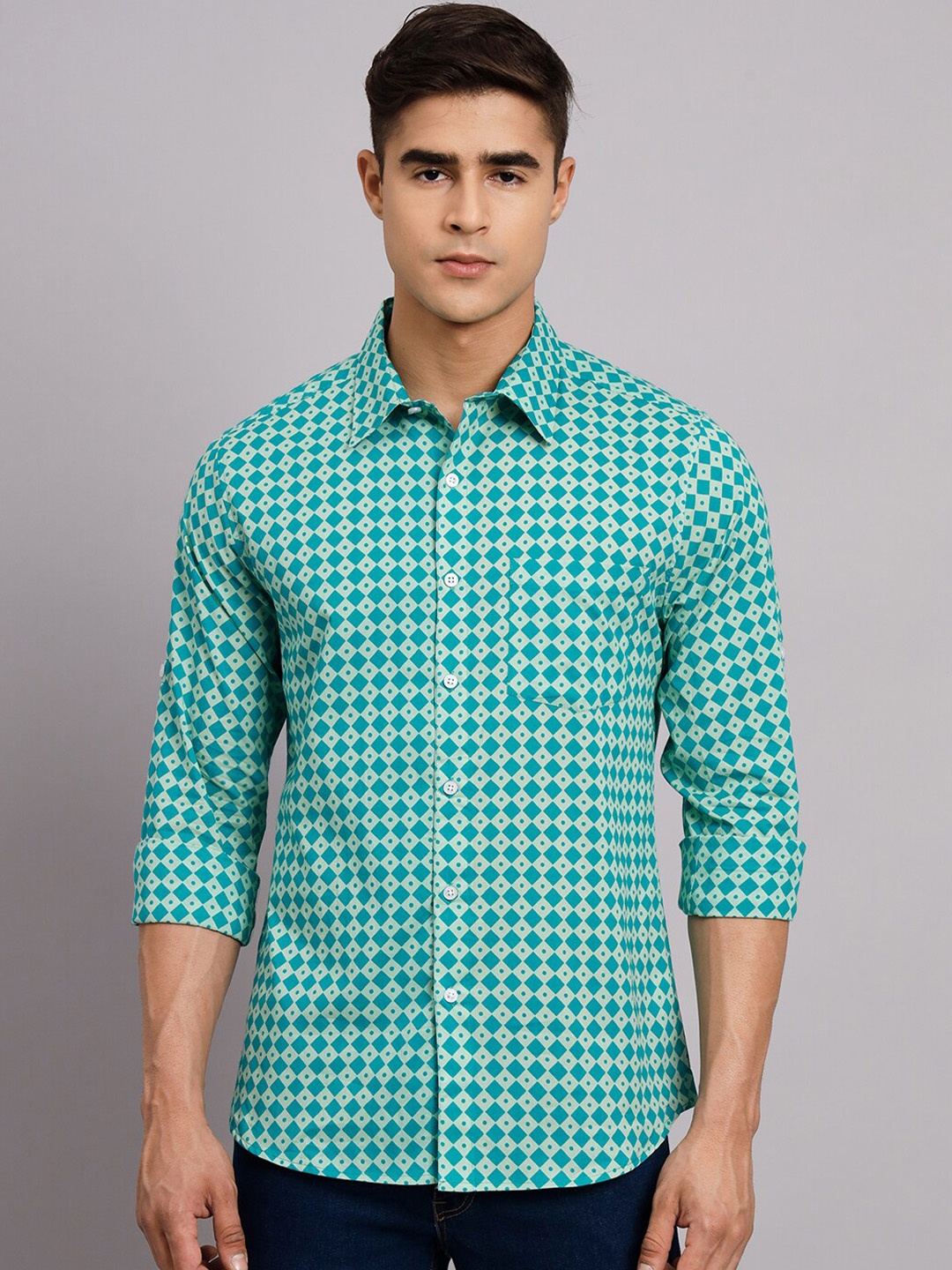 

Sutidora Men Green Geometric Printed Casual Pure Cotton Shirt, Turquoise blue