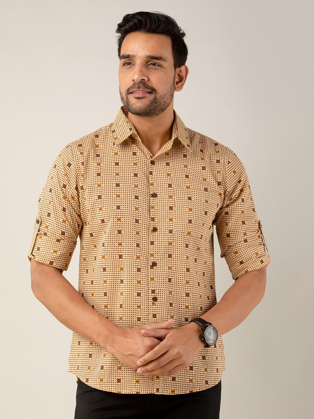 

Sutidora Comfort Abstract Printed Casual Pure Cotton Shirt, Beige