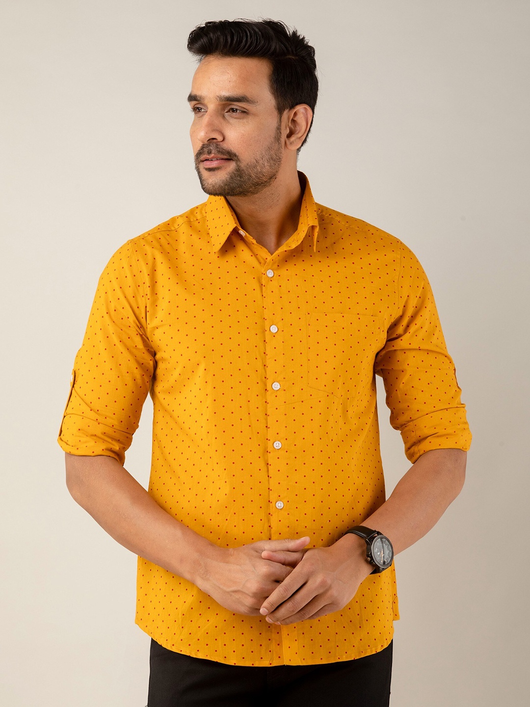 

Sutidora Comfort Polka Dots Printed Casual Pure Cotton Shirt, Yellow
