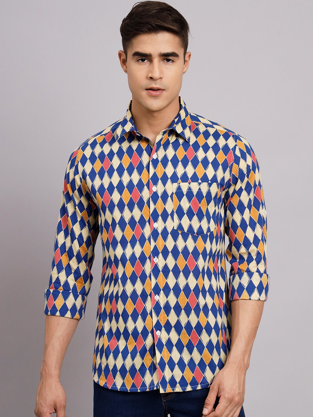 

Sutidora Comfort Geometric Printed Casual Pure Cotton Shirt, Navy blue