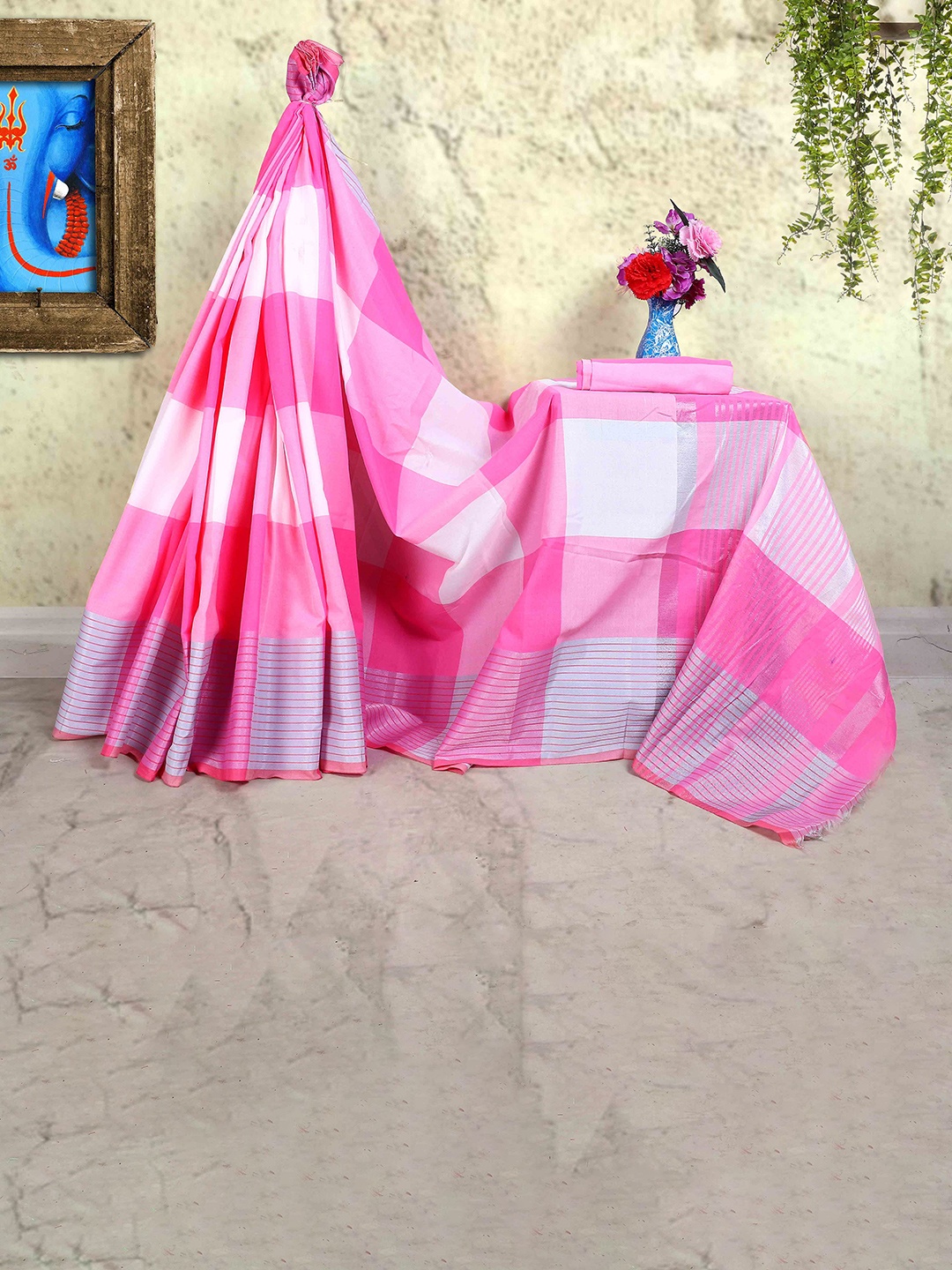 

MAGMINA Checked Silk Cotton Kanjeevaram Saree, Pink