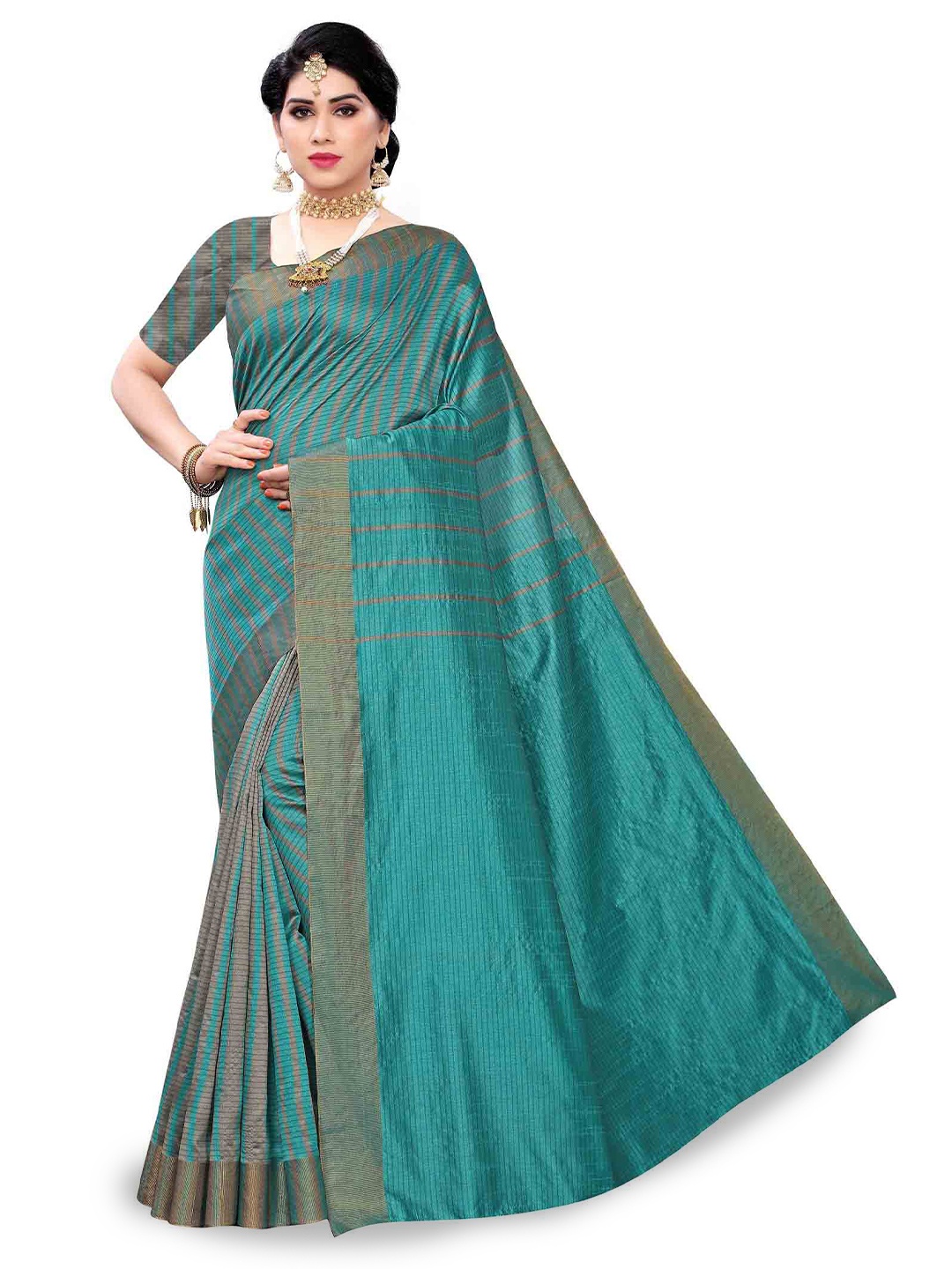 

MAGMINA Ethnic Motifs Woven Design Silk Cotton Kanjeevaram Saree, Teal