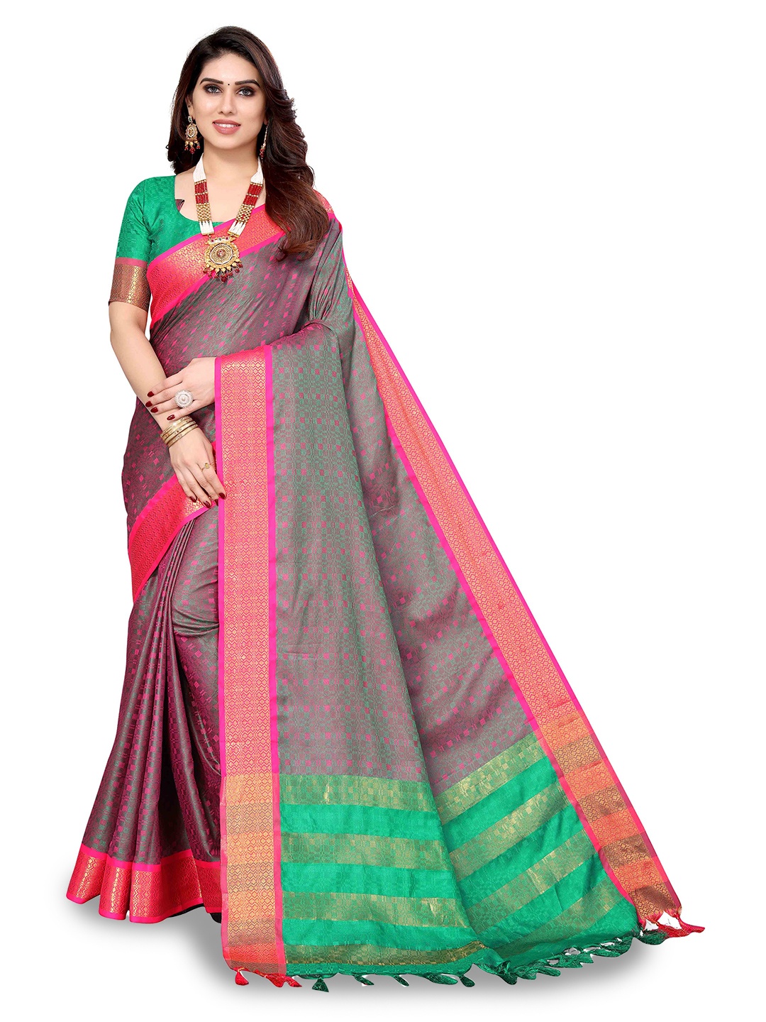 

MAGMINA Ethnic Motifs Woven Design Zari Kanjeevaram Saree, Pink