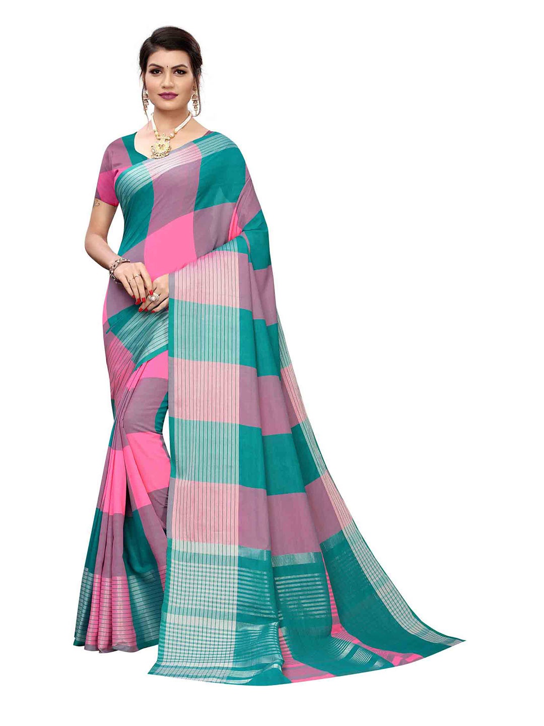 

MAGMINA Checked Silk Cotton Kanjeevaram Saree, Teal