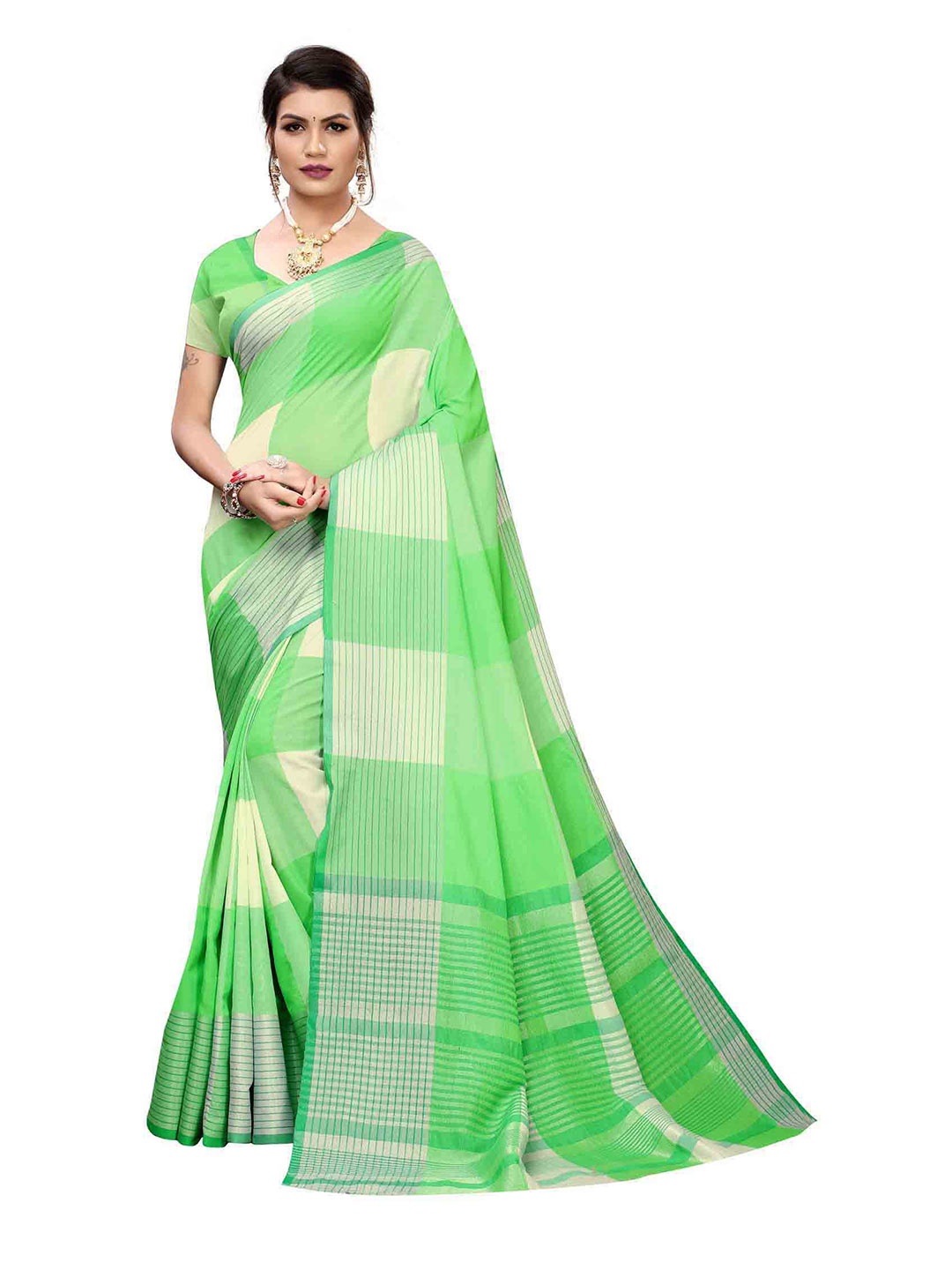 

MAGMINA Checked Silk Cotton Kanjeevaram Saree, Green
