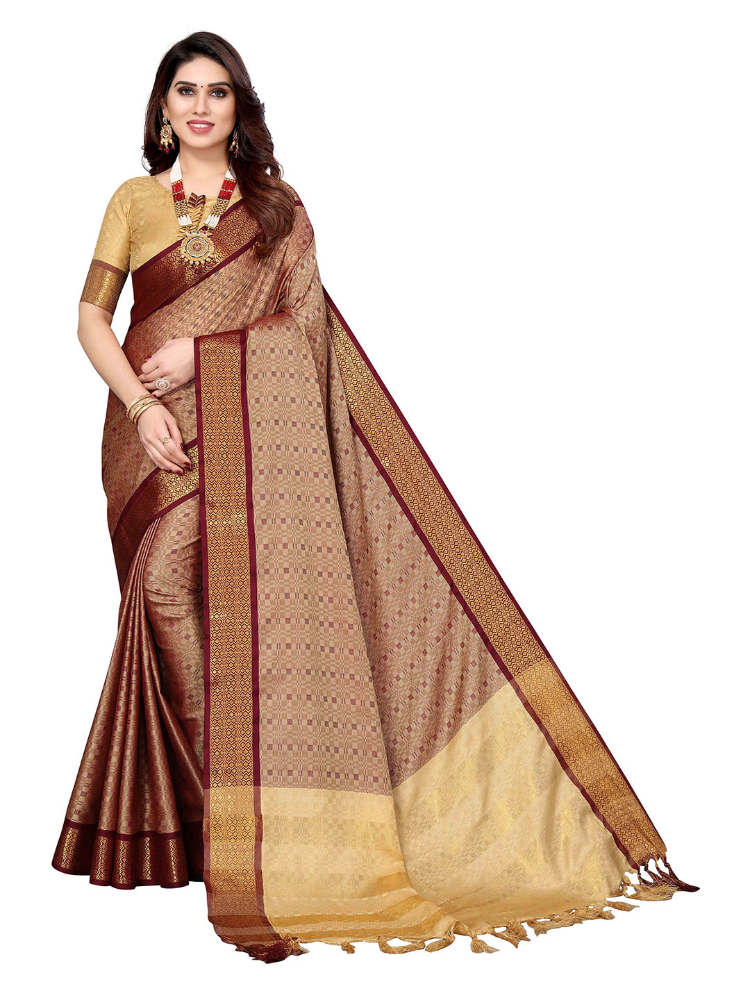 

MAGMINA Ethnic Motifs Woven Design Zari Silk Cotton Kanjeevaram Saree, Beige