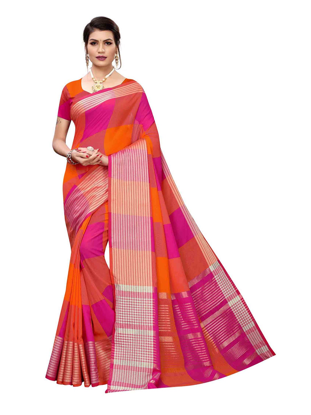 

MAGMINA Checked Silk Cotton Kanjeevaram Saree, Pink