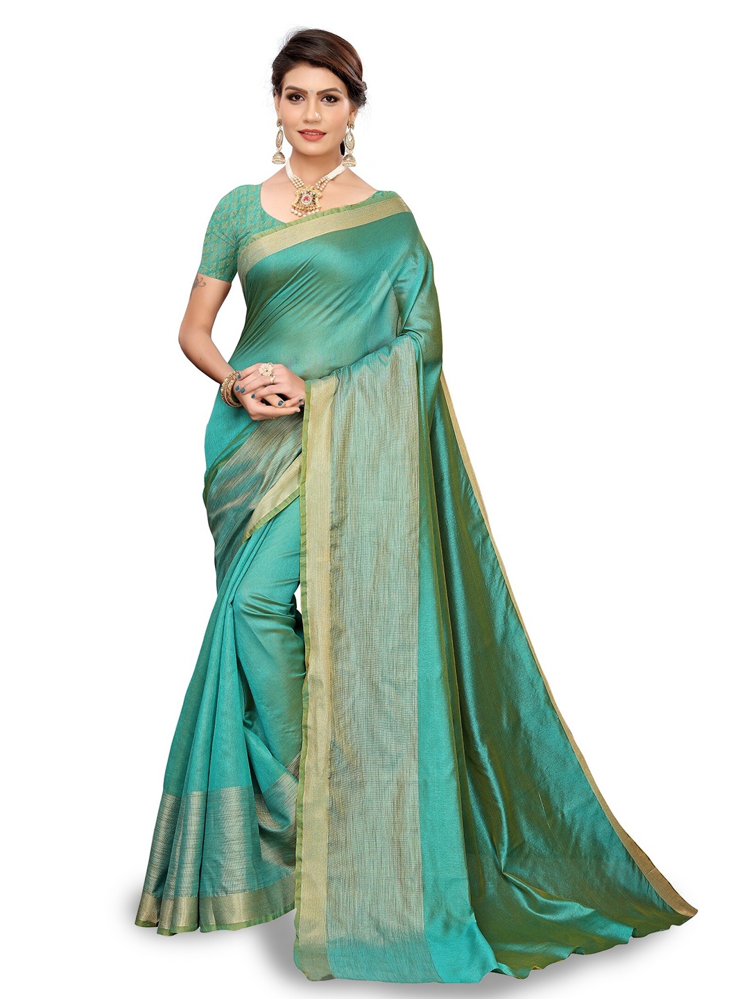 

MAGMINA Zari Silk Cotton Kanjeevaram Saree, Green