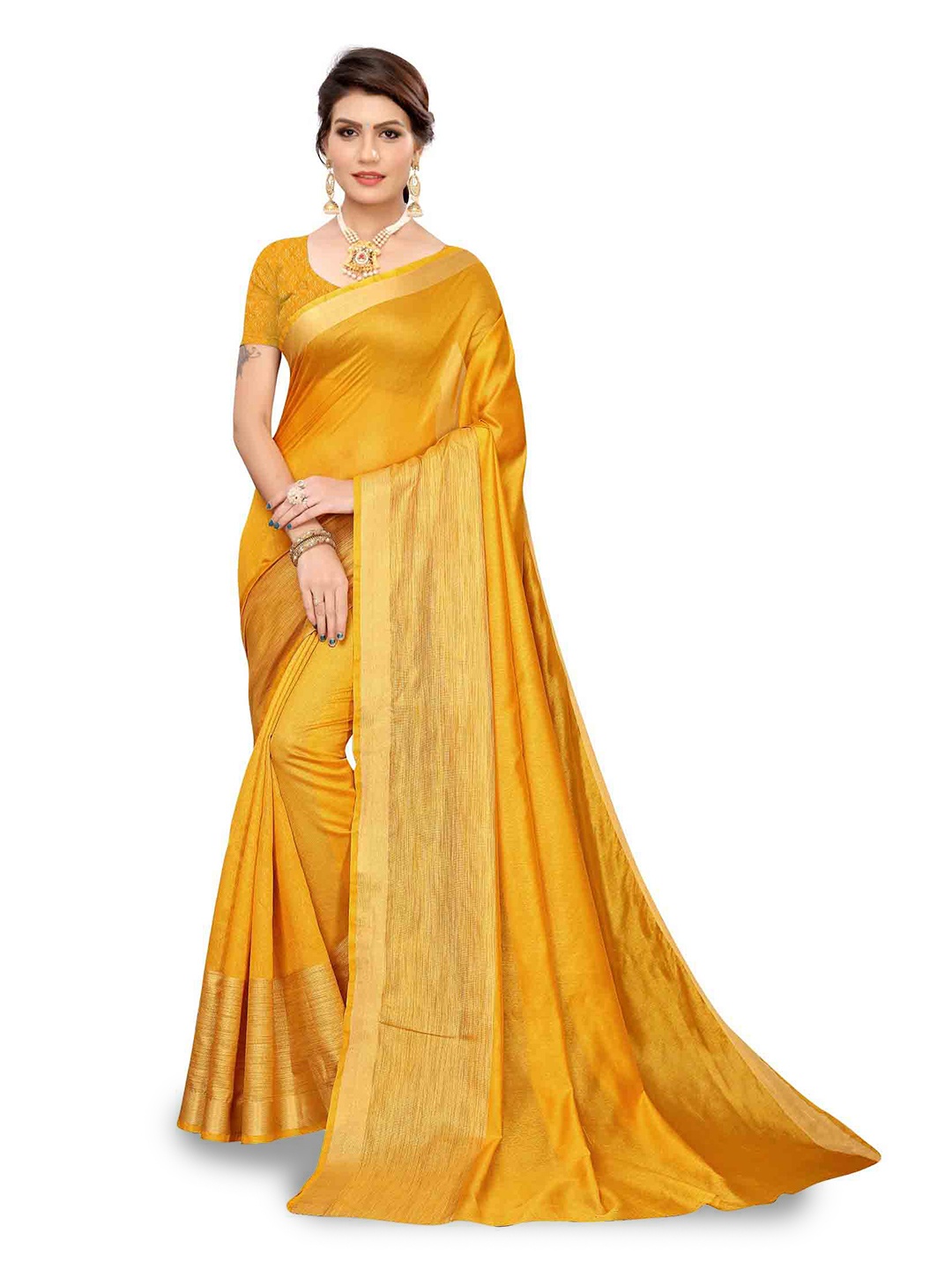 

MAGMINA Zari Silk Cotton Kanjeevaram Saree, Mustard