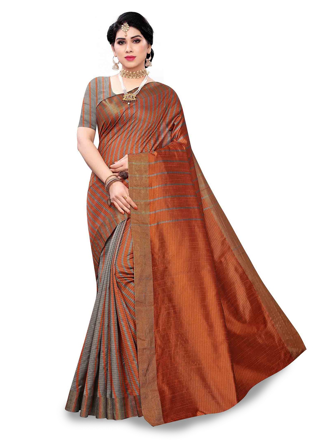 

MAGMINA Striped Kanjeevaram Silk Cotton Saree, Brown