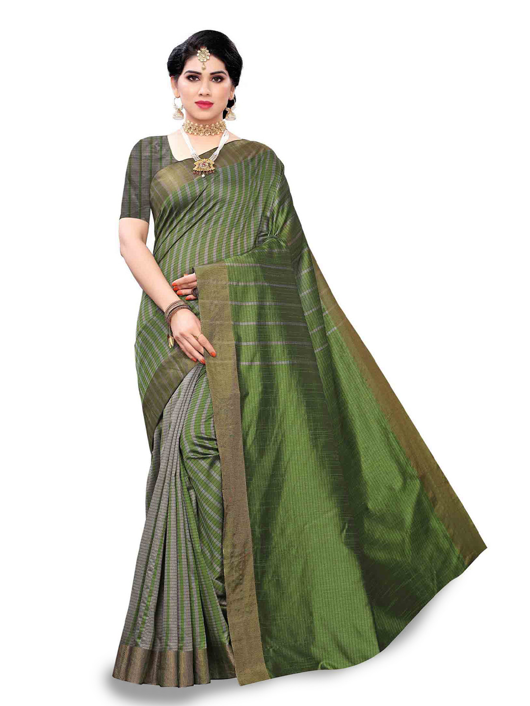 

MAGMINA Striped Silk Cotton Kanjeevaram Saree, Green