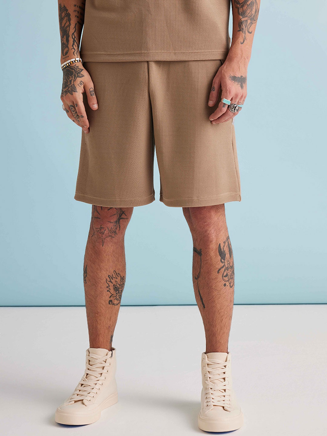 

Muvazo Men Textured Self Design Cotton Regular Shorts, Brown