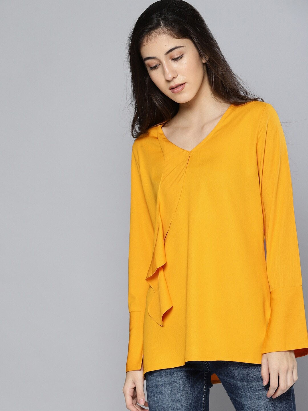 

Mast & Harbour Mustard Yellow Bell Sleeve Wrap Top