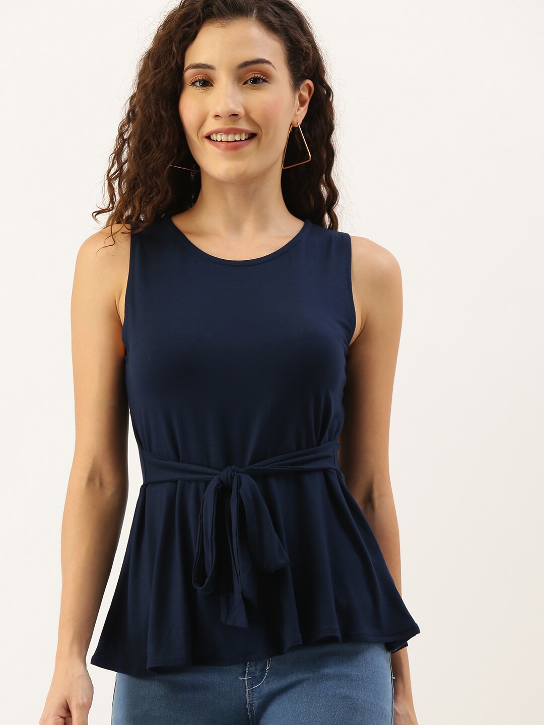 

Mast & Harbour Round Neck Cinched Waist Top, Navy blue