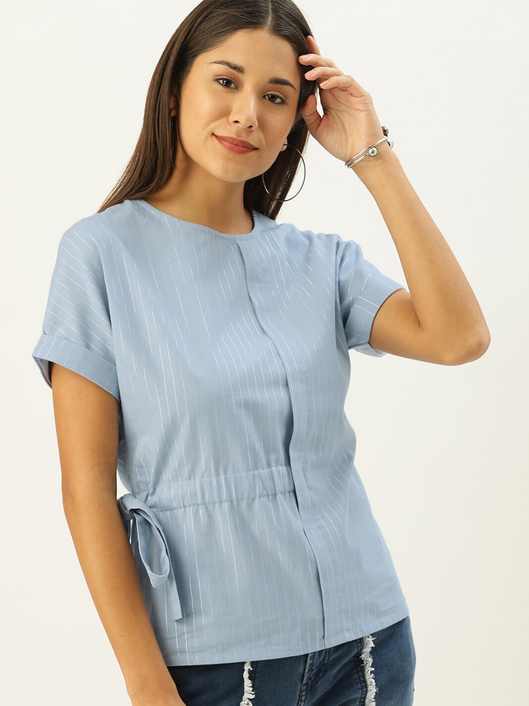 

Mast & Harbour Blue Striped Extended Sleeves Cinched Waist Top