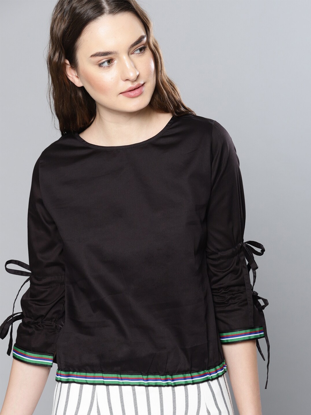 

Mast & Harbour Black Round Neck Tie-Up Details Regular Top
