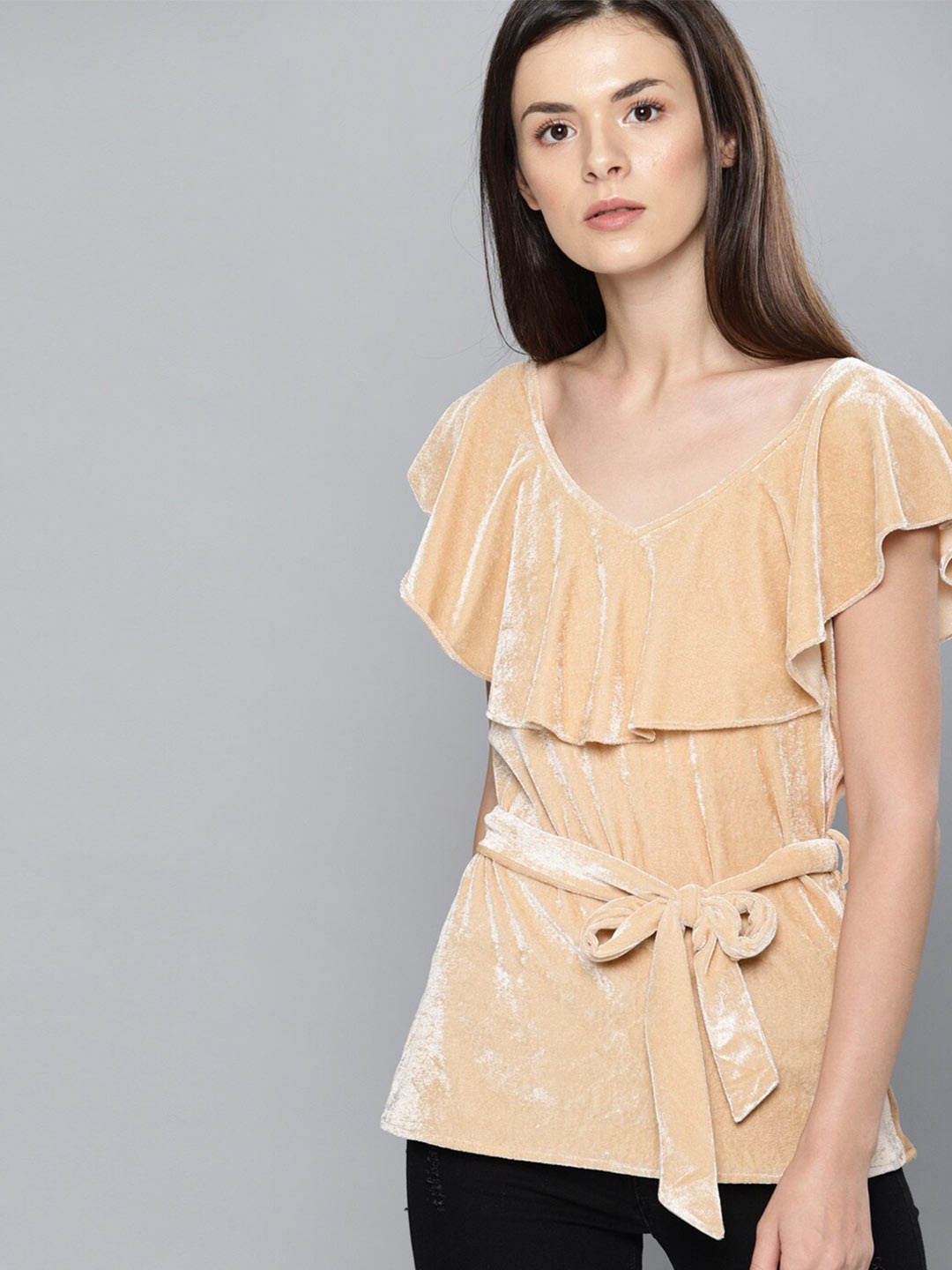 

Mast & Harbour Beige V-Neck Flutter Sleeve Waist Tie-Up Top