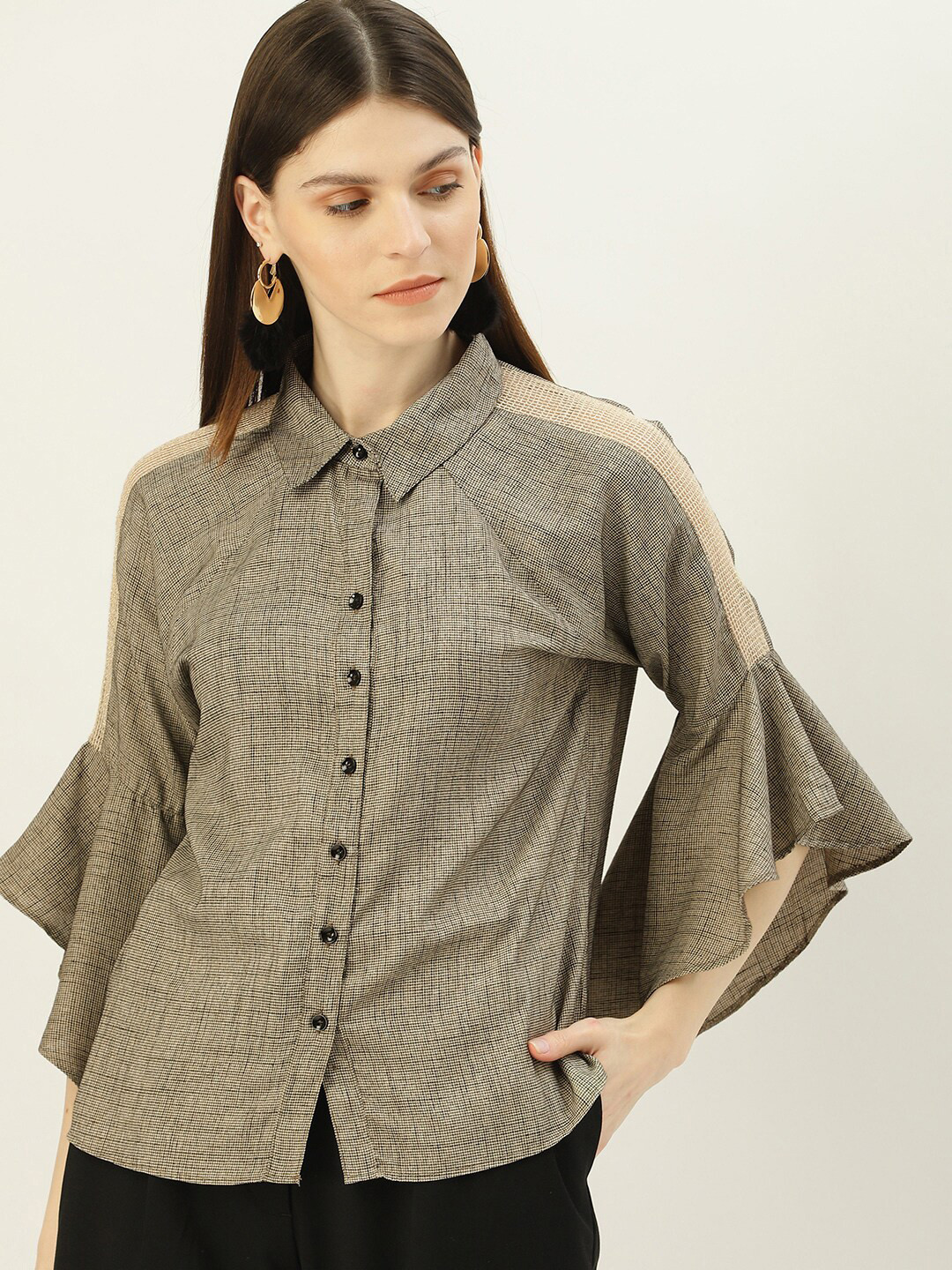 

Mast & Harbour Beige Self Design Bell Sleeved Shirt Style Top