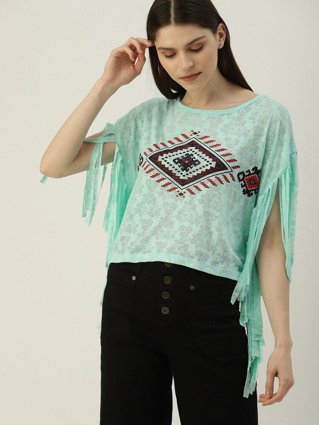 

Mast & Harbour Sea Green & Red Geometric Print Extended Sleeves Top