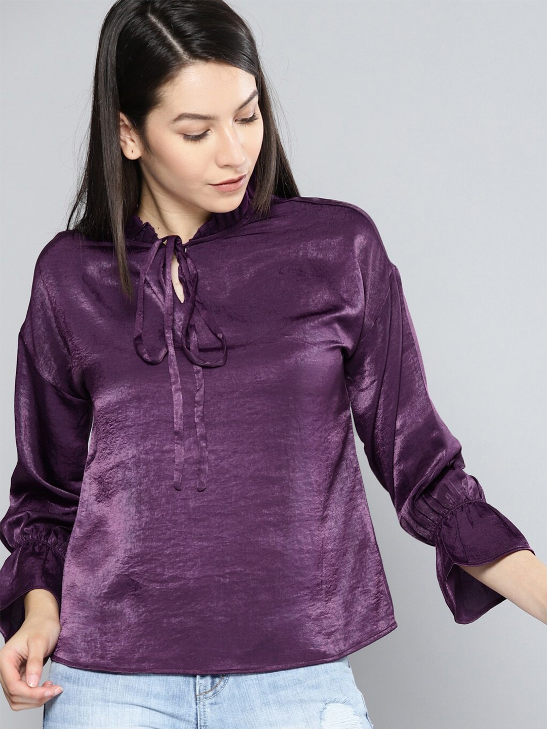 

Mast & Harbour Cuffed Sleeve Tie-Up Neck Top, Purple