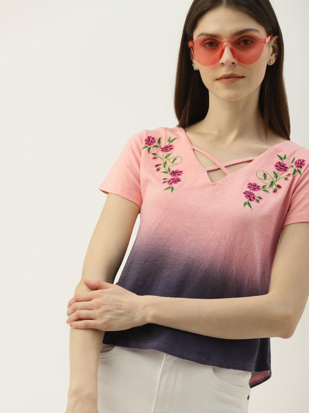 

Mast & Harbour V-Neck Ombre Cotton Top, Pink