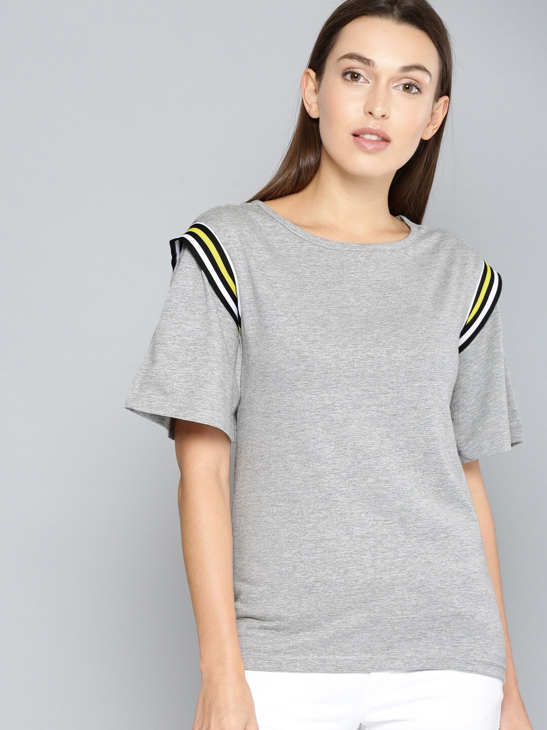 

Mast & Harbour Grey Melange & Black Round Neck Regular Top