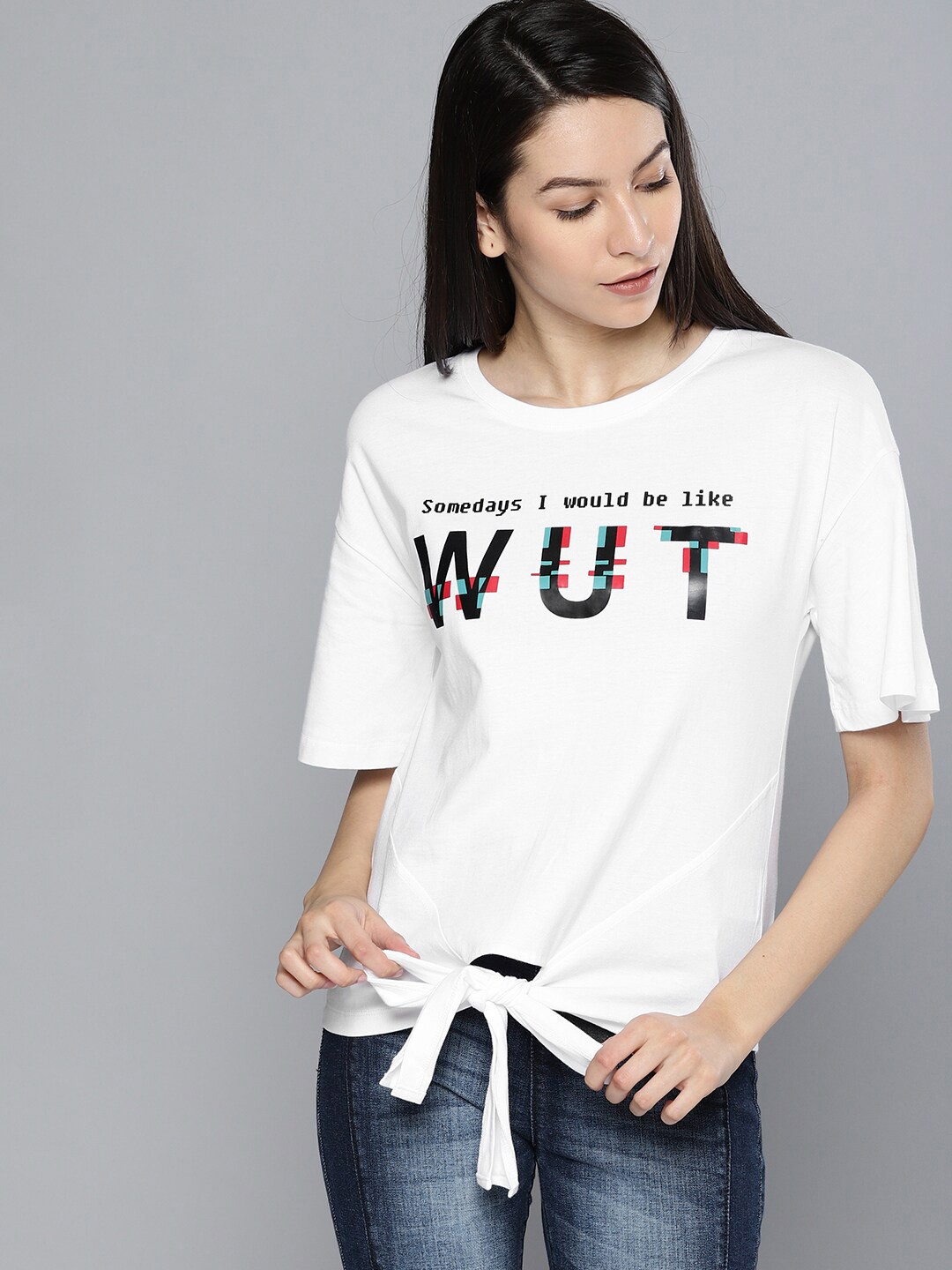 

Mast & Harbour Printed Waist Tie-Up Detail Cotton Top, White