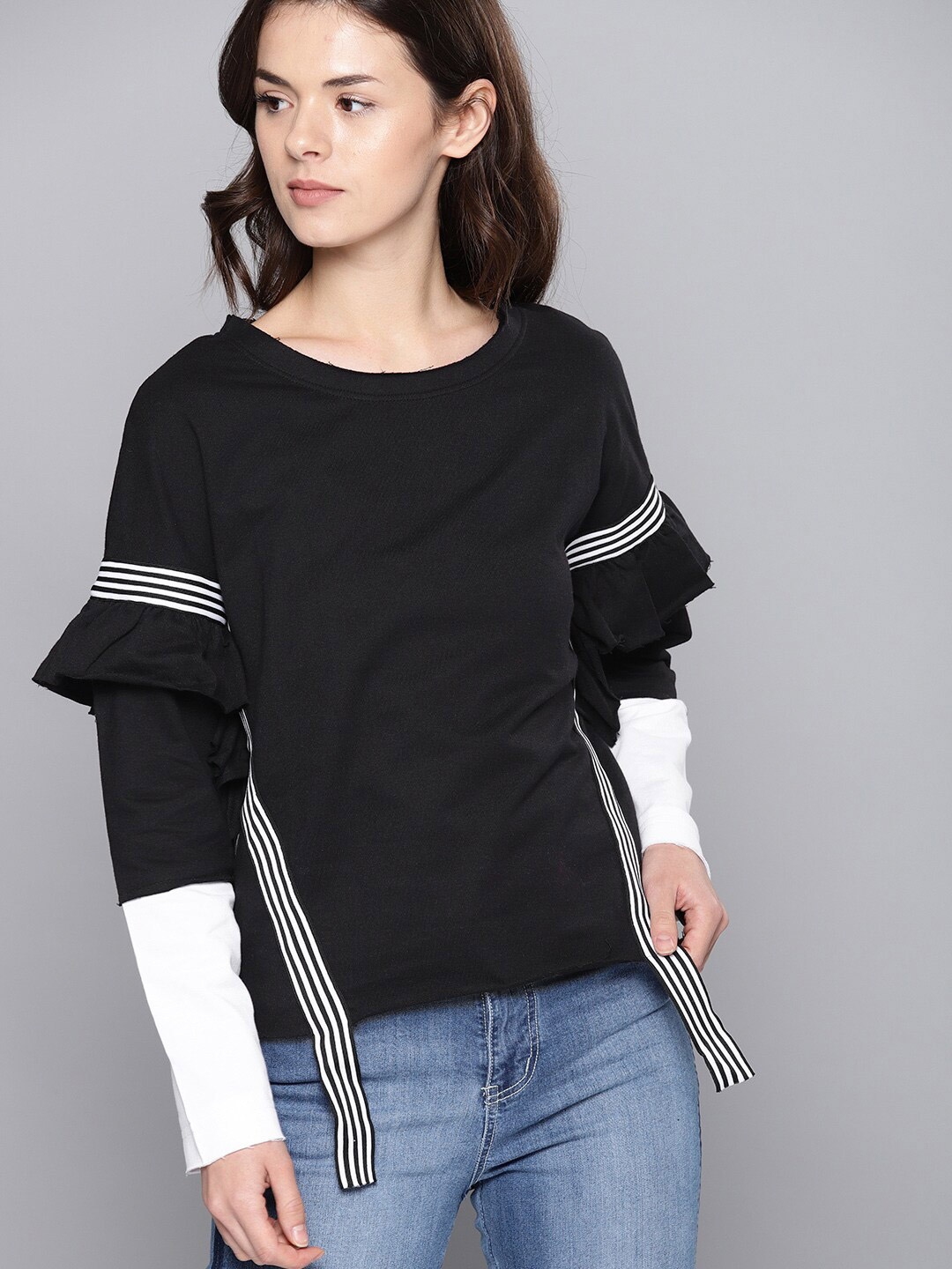 

Mast & Harbour Black Round Neck Ruffled Regular Top