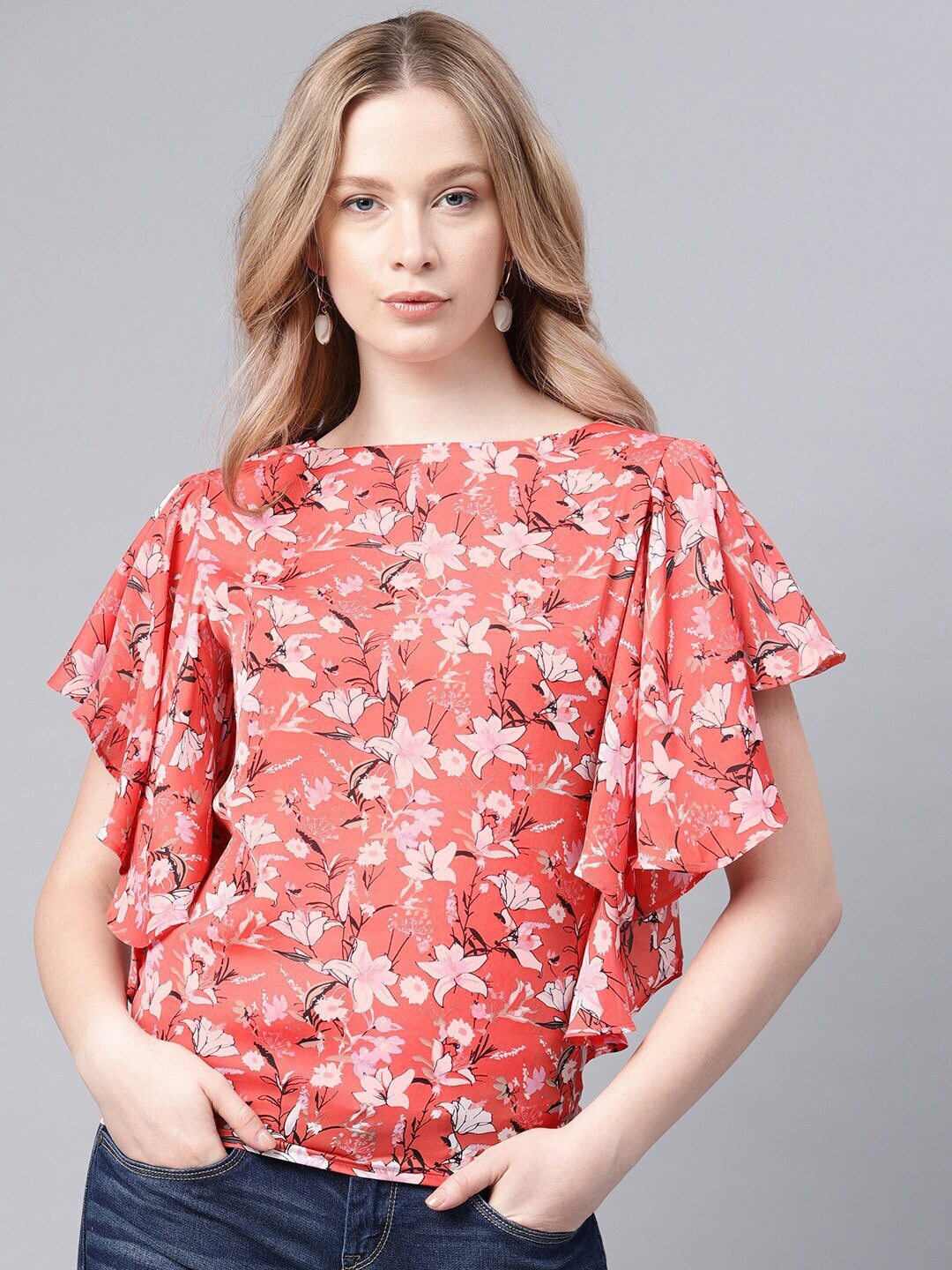 

Mast & Harbour Red Floral Print Flutter Sleeve Top