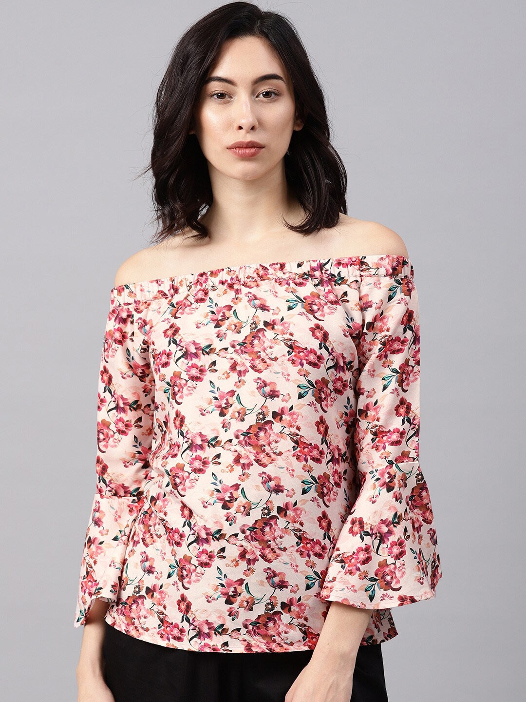

Mast & Harbour Pink & White Floral Print Off-Shoulder Bell Sleeve Bardot Top