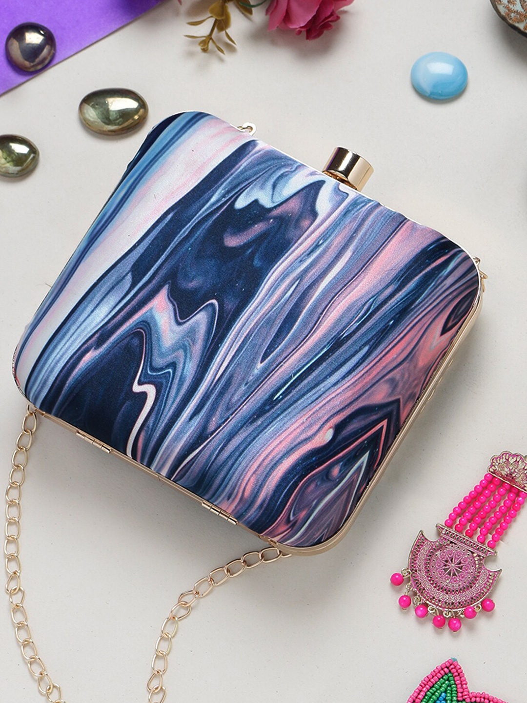 

Swisni Water Resistant Printed Box Clutch, Blue