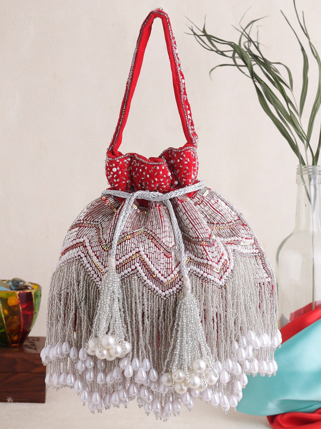 

Swisni Embellished Potli Clutch, Red