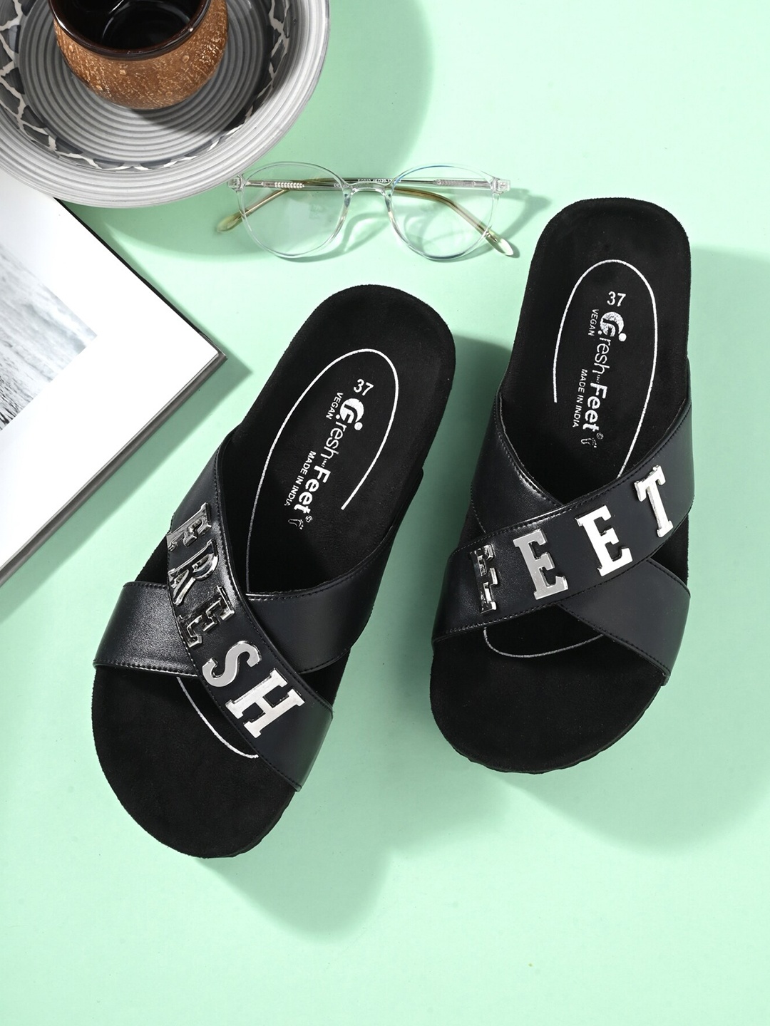 

FRESH 1947 FEET Embellished Open Toe Flats, Black