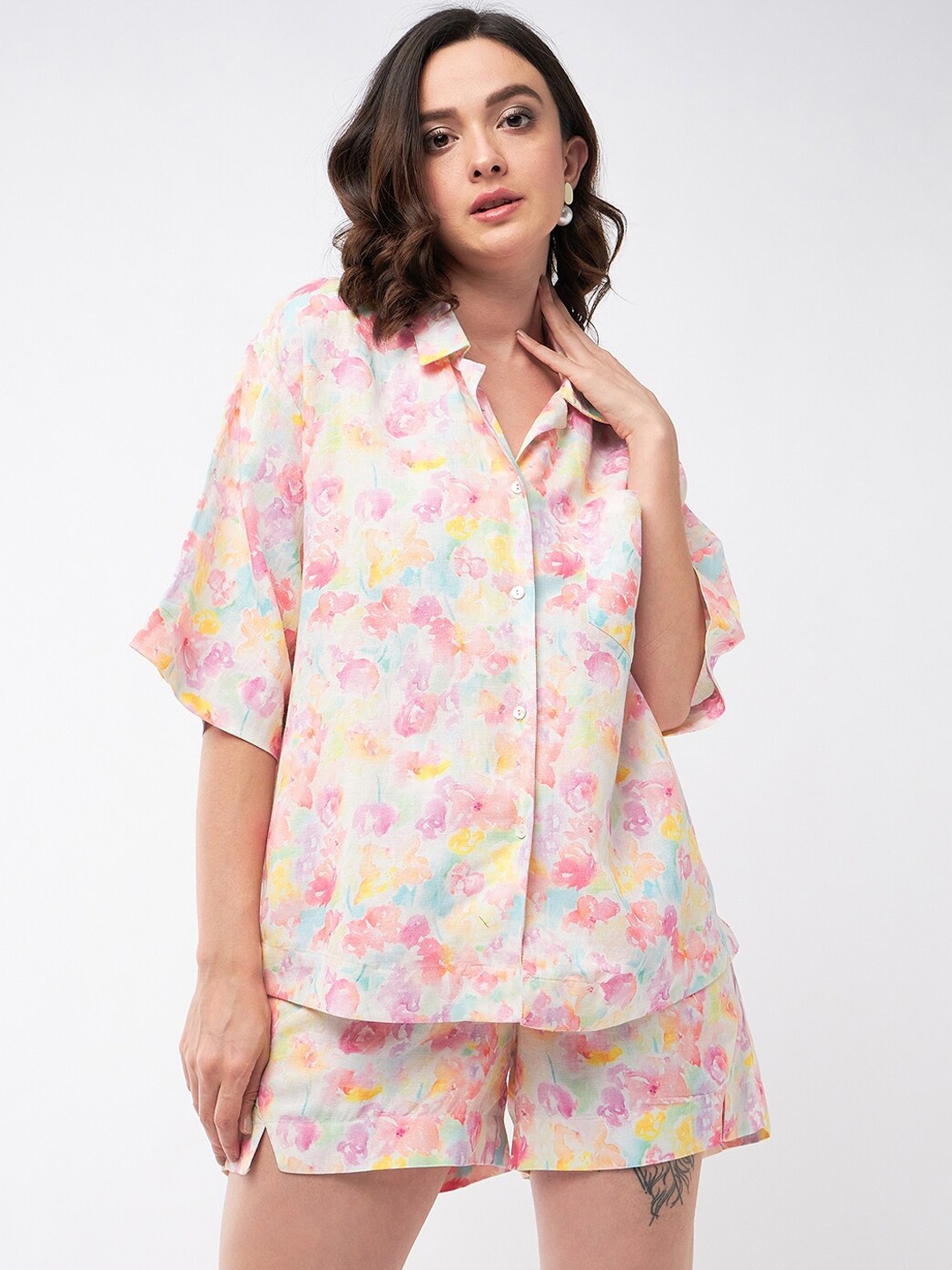 

MAGRE Printed Pure Cotton Shirt And Shorts Co-Ords, Pink