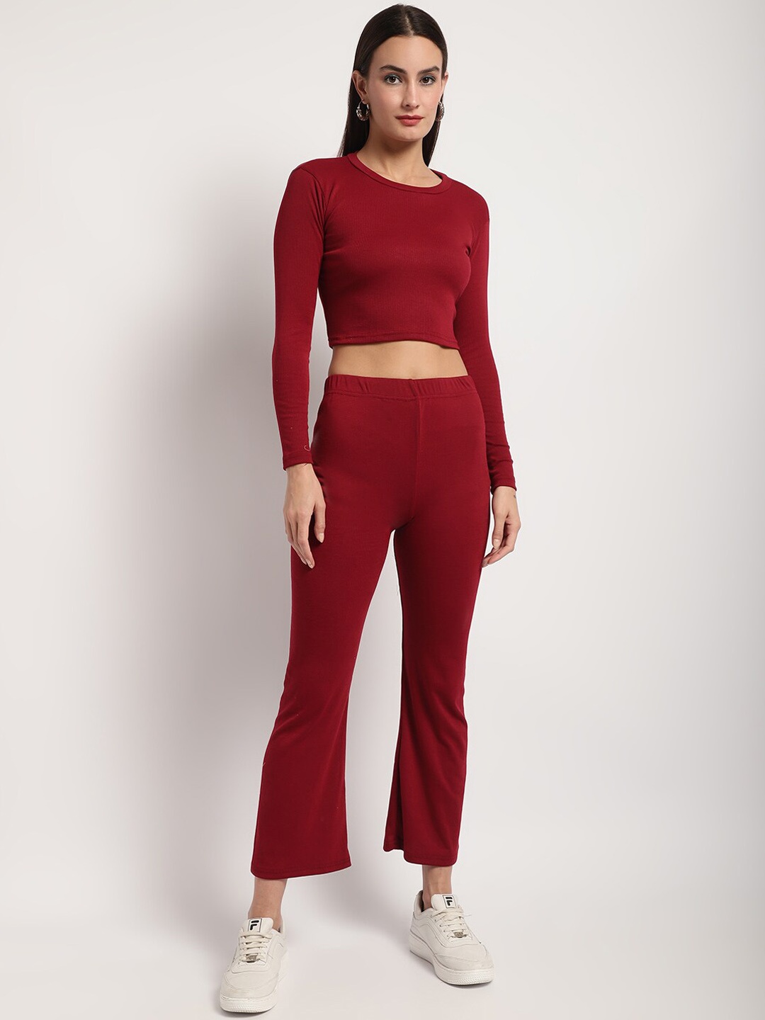 

Miaz Lifestyle Round Neck Crop Top With Trousers, Maroon