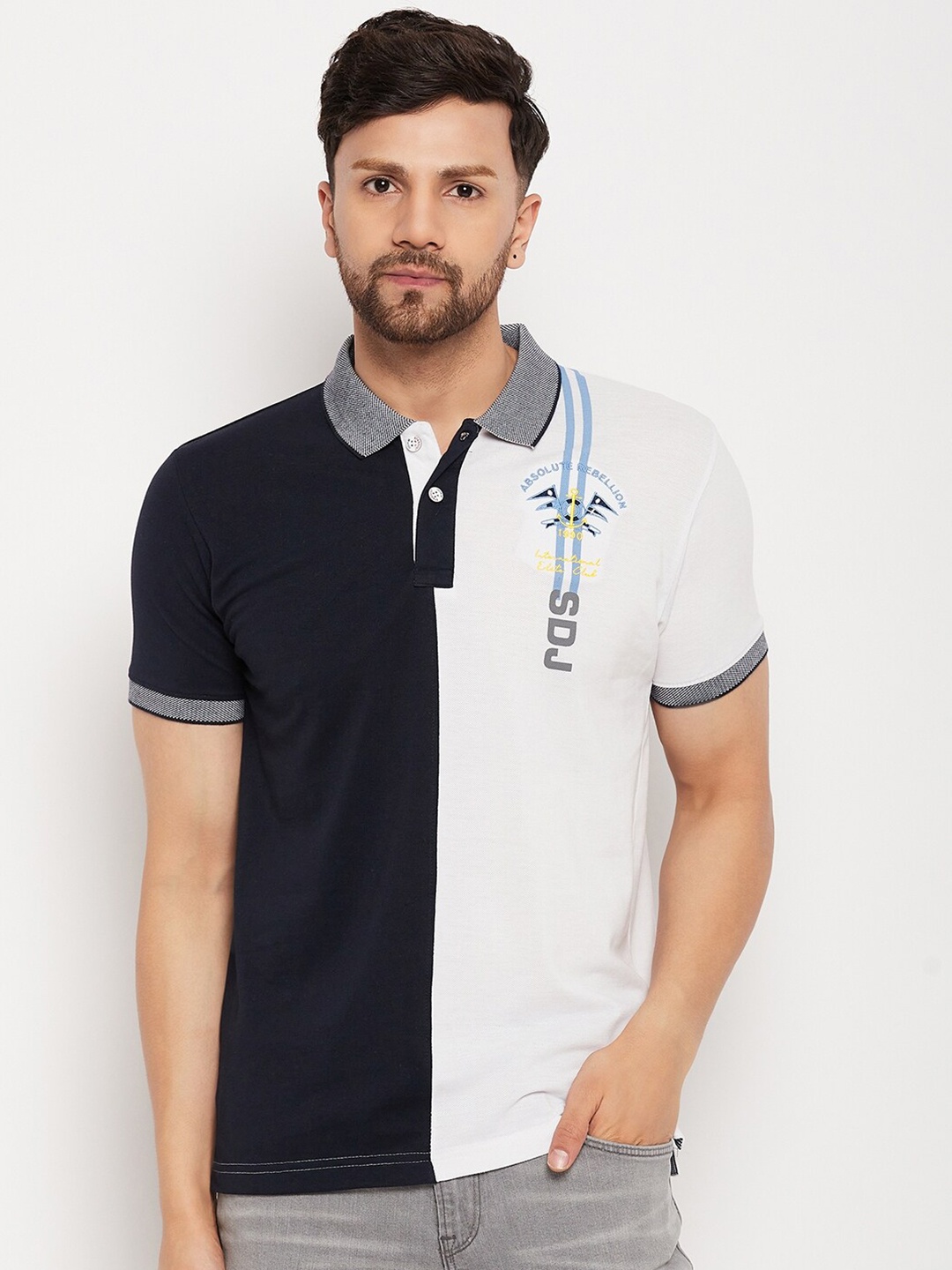 

Duke Colourblocked Polo Collar Slim Fit Cotton T-shirt, Black