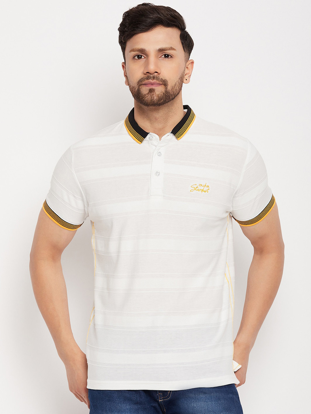 

Duke Striped Polo Collar Slim Fit Cotton T-shirt, White