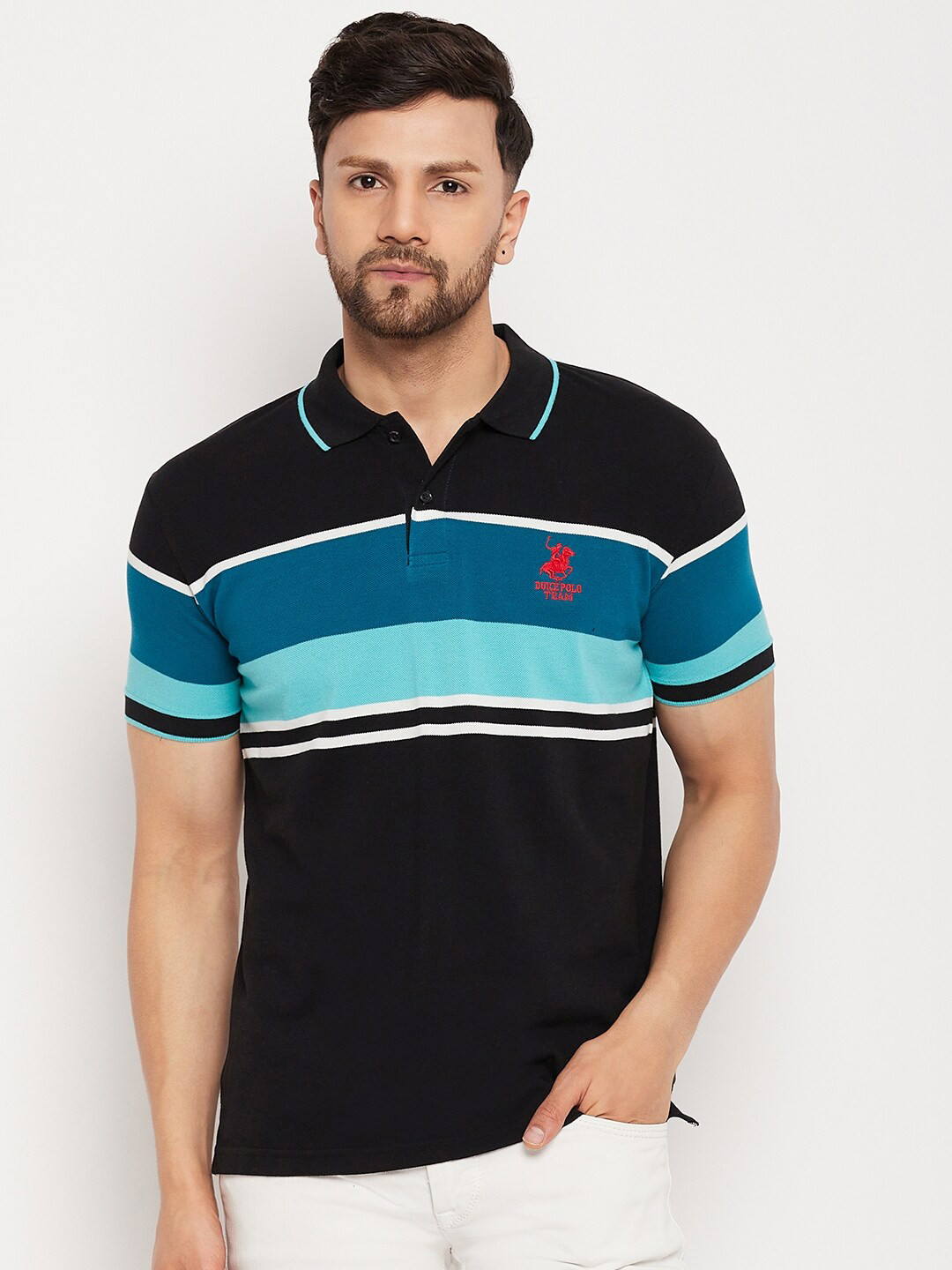 

Duke Striped Polo Collar Cotton Slim Fit T-shirt, Black
