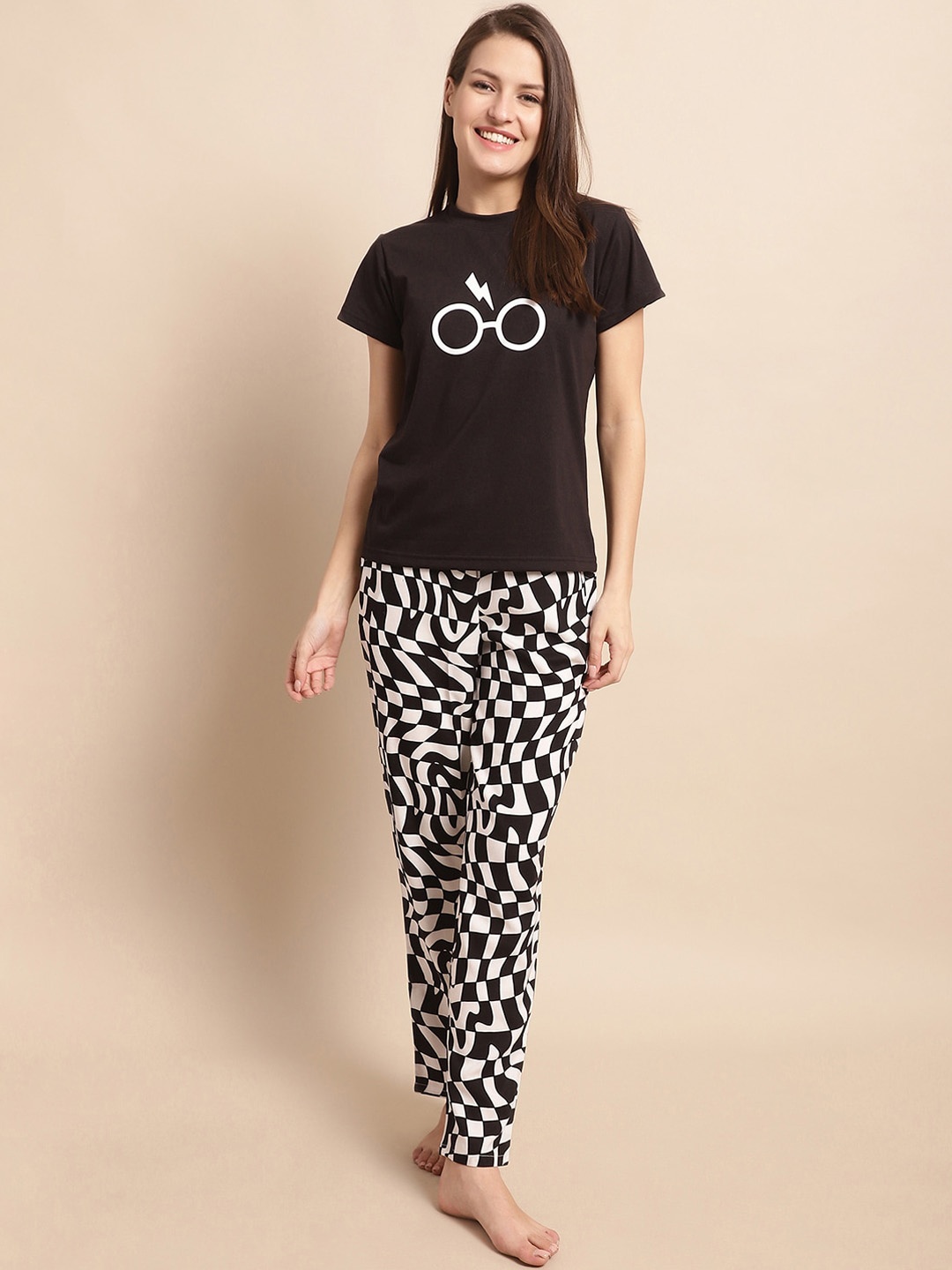 

Boston Club Geometric Printed Night suit, Black