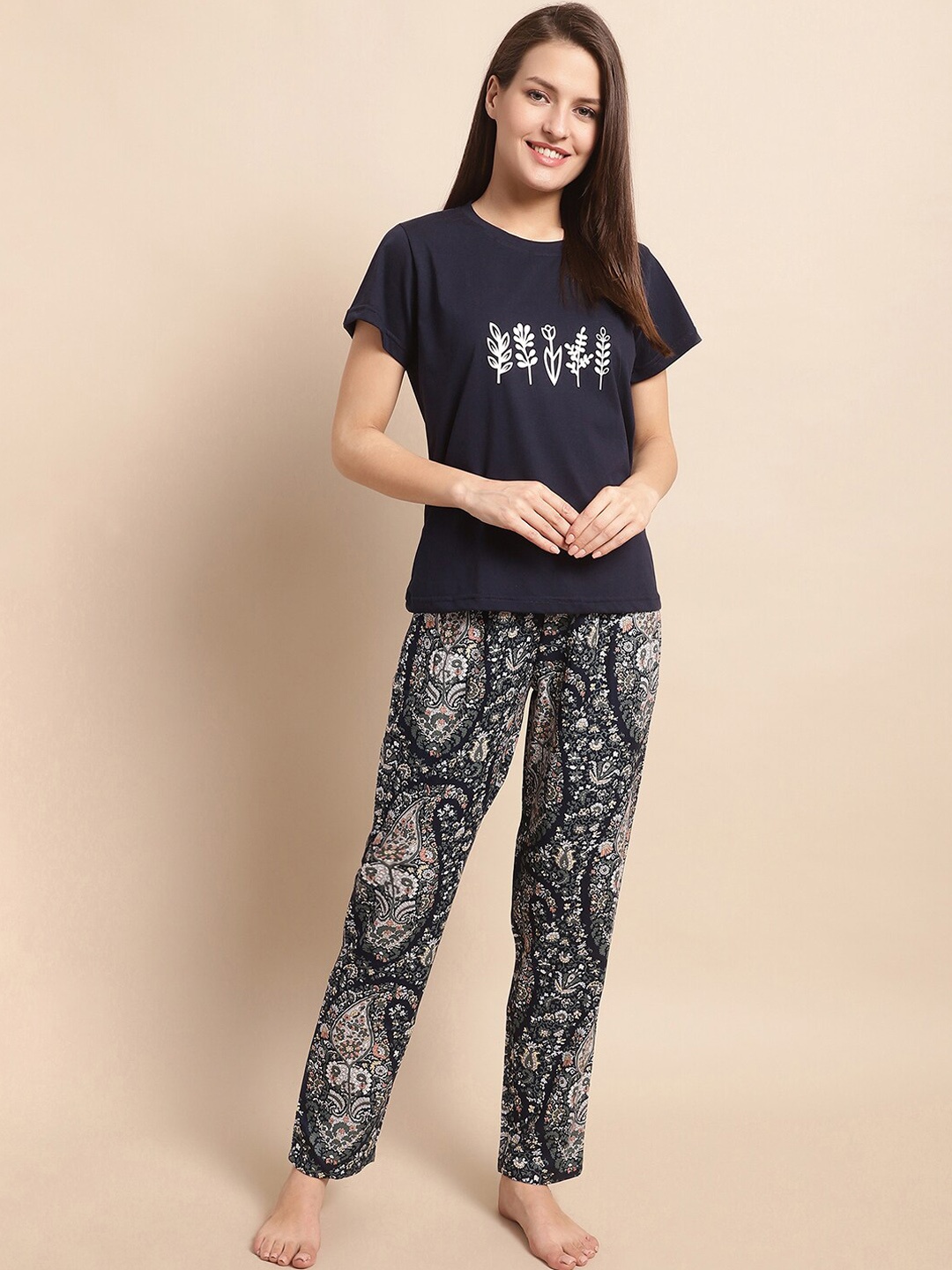 

Boston Club Ethnic Motifs Printed Night Suit, Navy blue