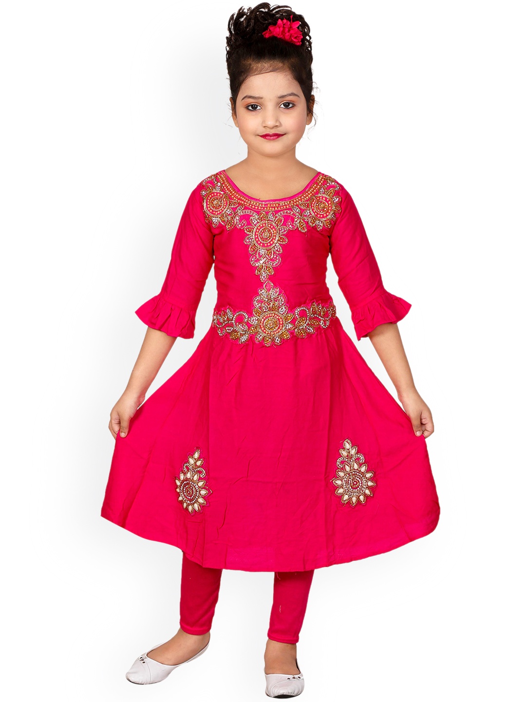 

BAESD Girls Ethnic Motifs Embroidered Beads and Stones Kurta Set, Pink
