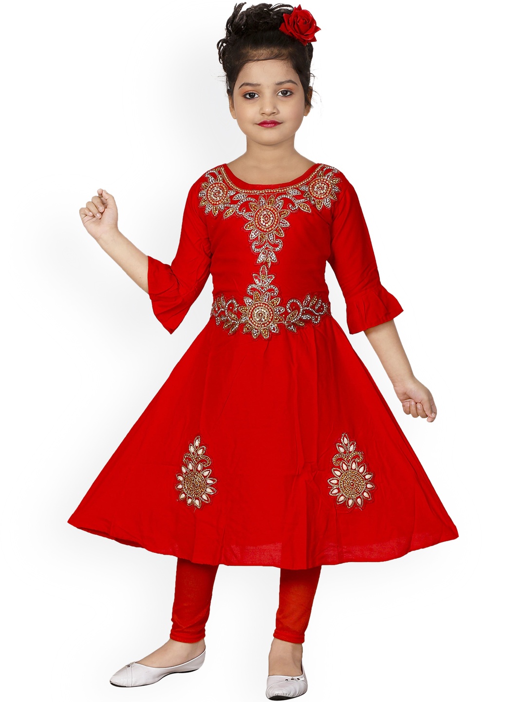 

BAESD Girls Red Ethnic Motifs Embroidered Beads and Stones Kurta Set