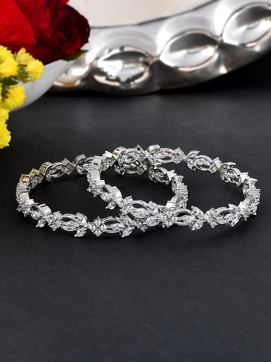 

Voylla Set Of 2 Rhodium-Plated CZ Studded Bangles, Silver