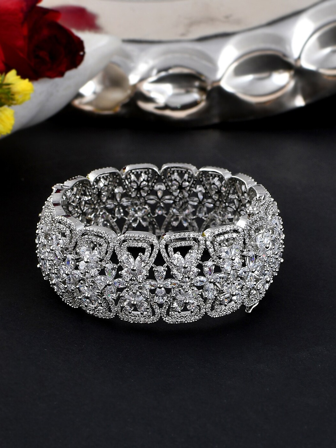 

Voylla Rhodium-Plated CZ Studded Bangles, Silver