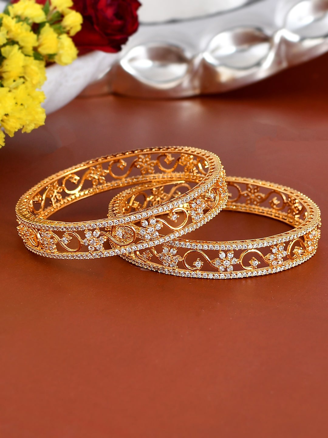 

Voylla Set Of 2 Gold-Plated Cubic Zirconia Studded Bangles