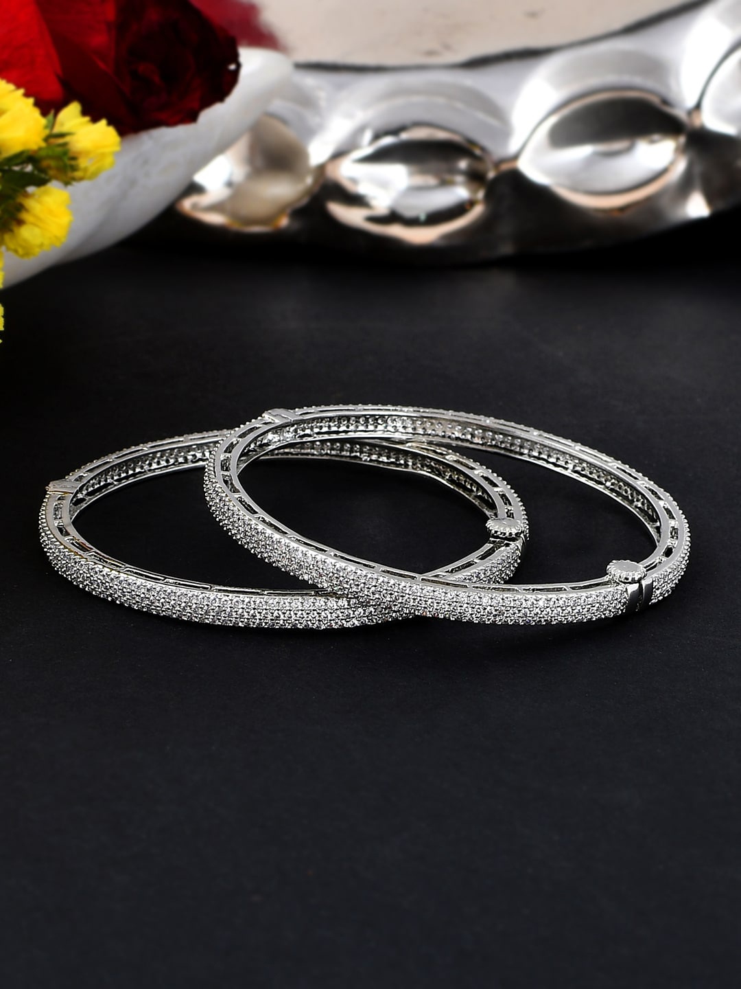 

Voylla Set Of 2 Rhodium-Plated CZ Studded Bangles, Silver