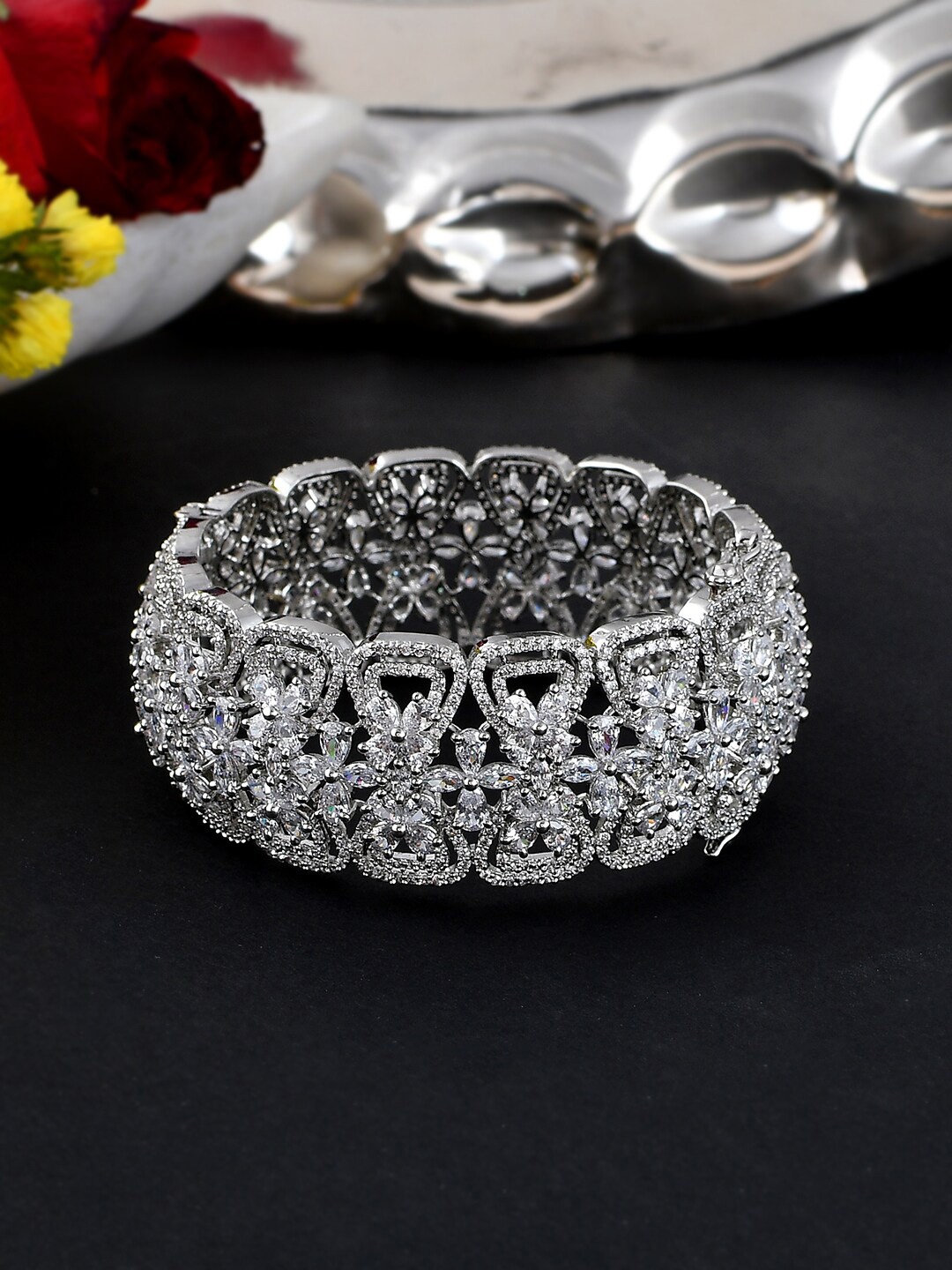 

Voylla Rhodium-Plated & CZ Studded Bangles, Silver