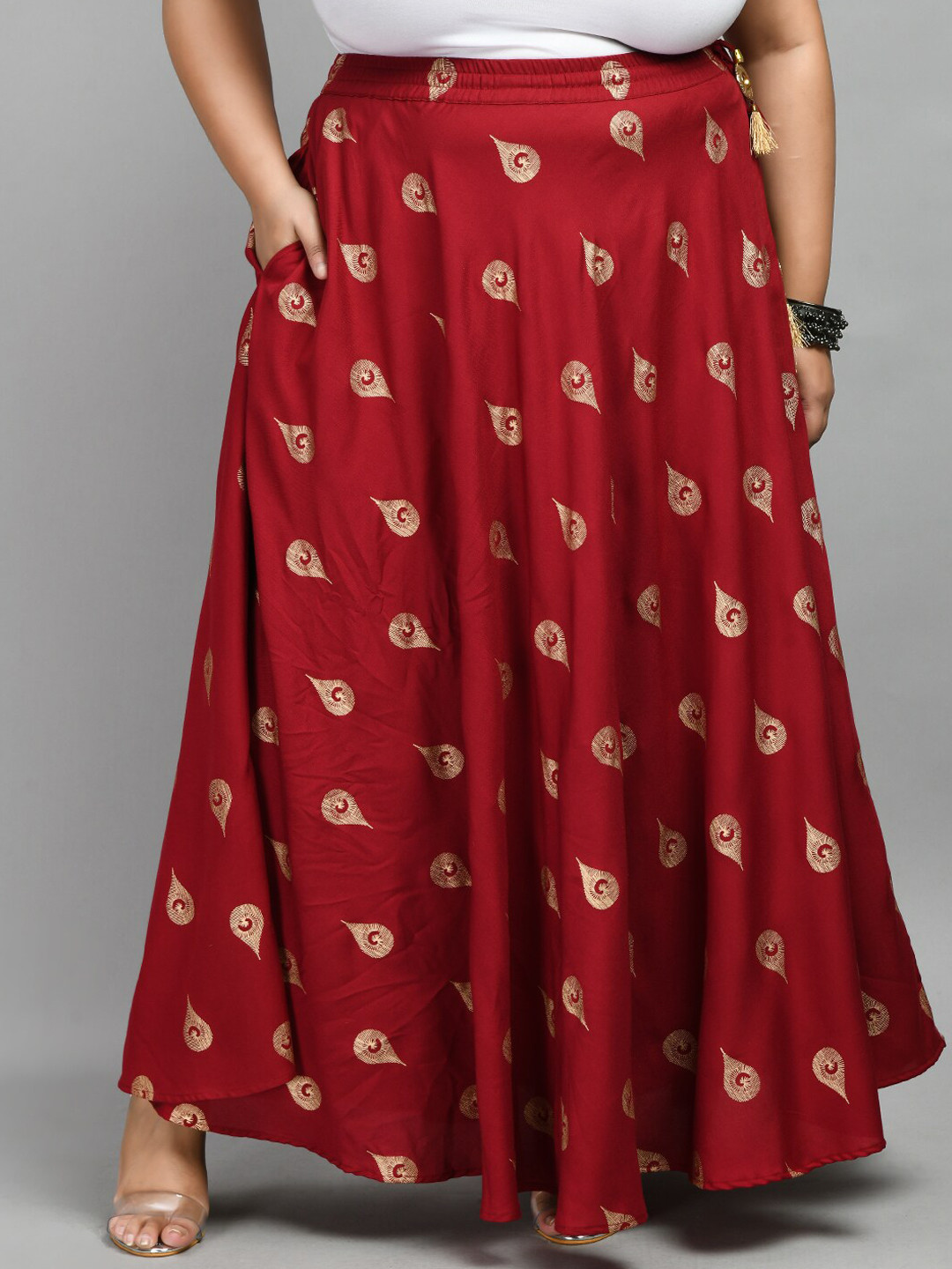 

PrettyPlus by Desinoor.com Foil-Printed Flared Maxi Skirt, Maroon
